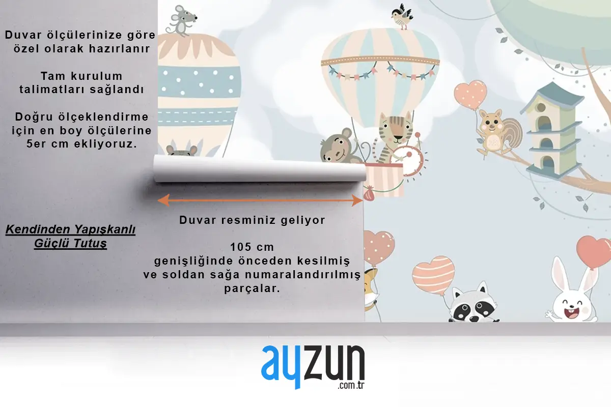 İskandinav Hayvanları Sıcak Hava Balonları Çocuk Odası Duvar Kağıdı