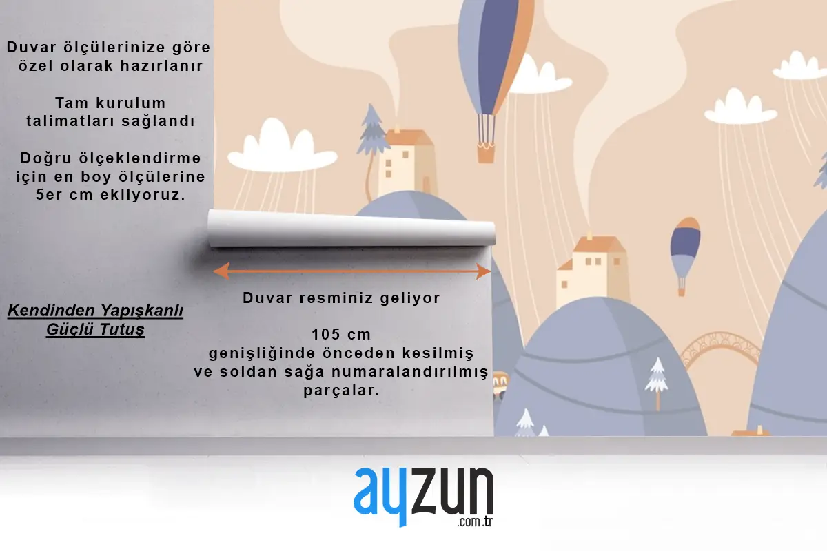 İskandinav Manzara Tepeler Sıcak Hava Balonları Tren Çocuk Bebek Odası Duvar Kağıdı