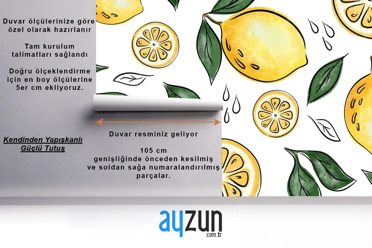 Limonlu Ve Yapraklı Sulu Dikişsiz Desen Mutfak Duvar Kağıdı