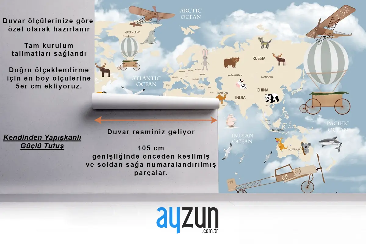 Keşif ve Oyun Temalı Harita Desenli Çocuk Odası Duvar Kağıdı