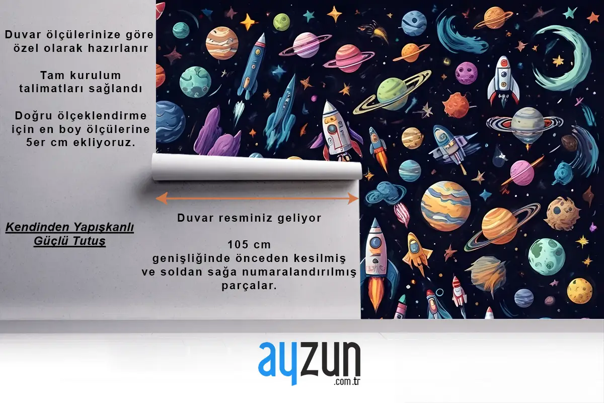Astronot Ve Renkli Gezegenlerle Çocuk Karikatür Uzay Çocuk Odası Duvar Kağıdı
