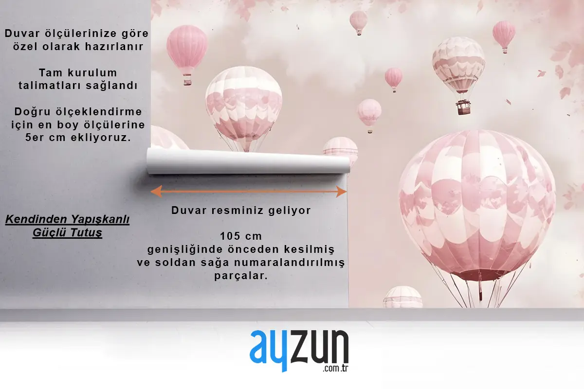 Çocuk Kız Sıcak Hava Balonu Çocuk Odası Duvar Kağıdı Duvar Pembe Gökyüzü