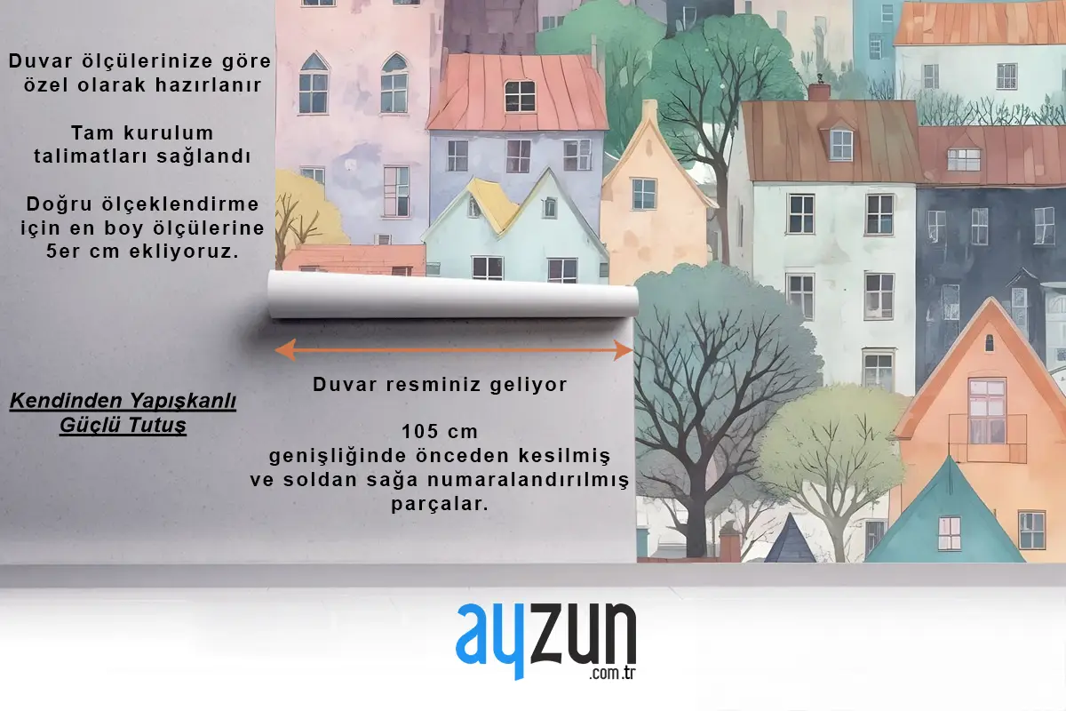 Çocuklar Küçük Kasaba Sevimli Suluboya Ev Çocuk Odası Duvar Kağıdı