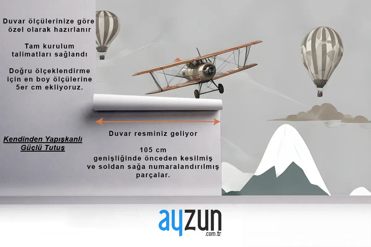 Çocuklar Uçak Ve Balonlarla Karlı Dağ Çocuk Odası Duvar Kağıdı