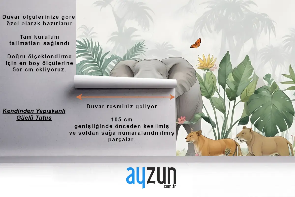 Yeşil Yapraklı Çocuklar Tropikal Safari Hayvanları Çocuk Odası Duvar Kağıdı