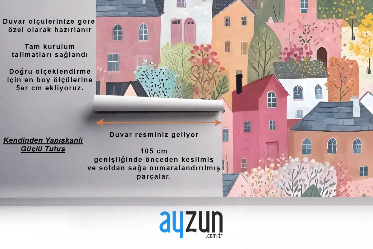 Çocuklar Suluboya Sevimli Kasaba Evi Çocuk Odası Duvar Kağıdı 