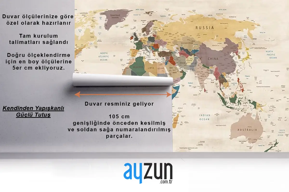 Krem Renk Zemin Detaylı Dünya Haritası Duvar Kağıdı