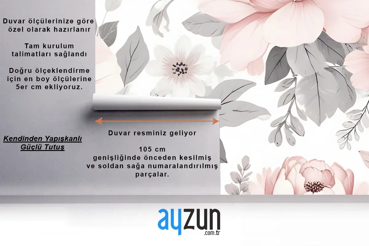 Büyük Pembe Ve Gri Çiçek Desenli Yatak Odası Duvar Kağıdı