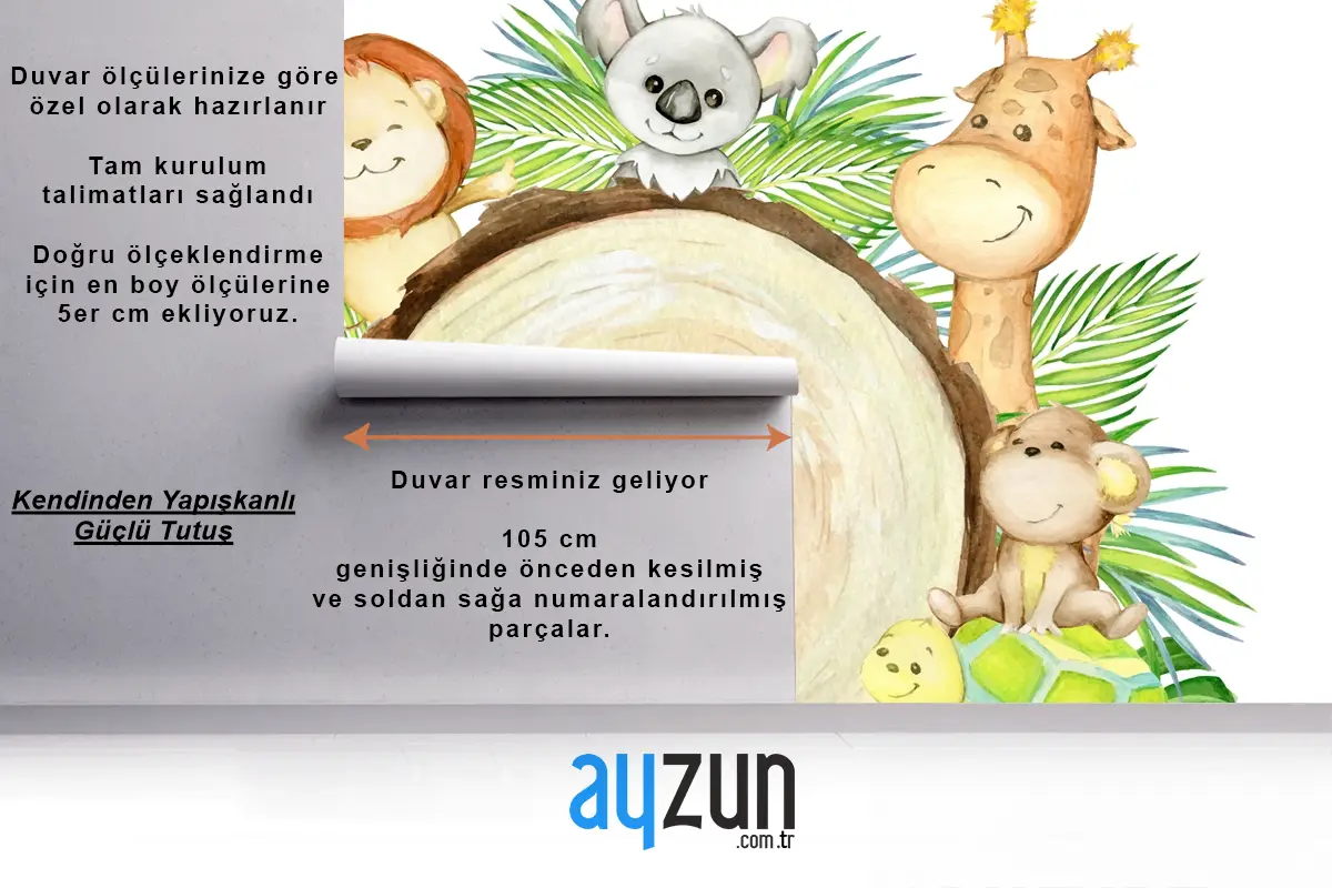 Leopar Maymun Koala Aslan Kaplumbağa Fil Zürafa Yazı Bir Tropikal Hayvanlar Çocuk Odası Duvar Kağıdı