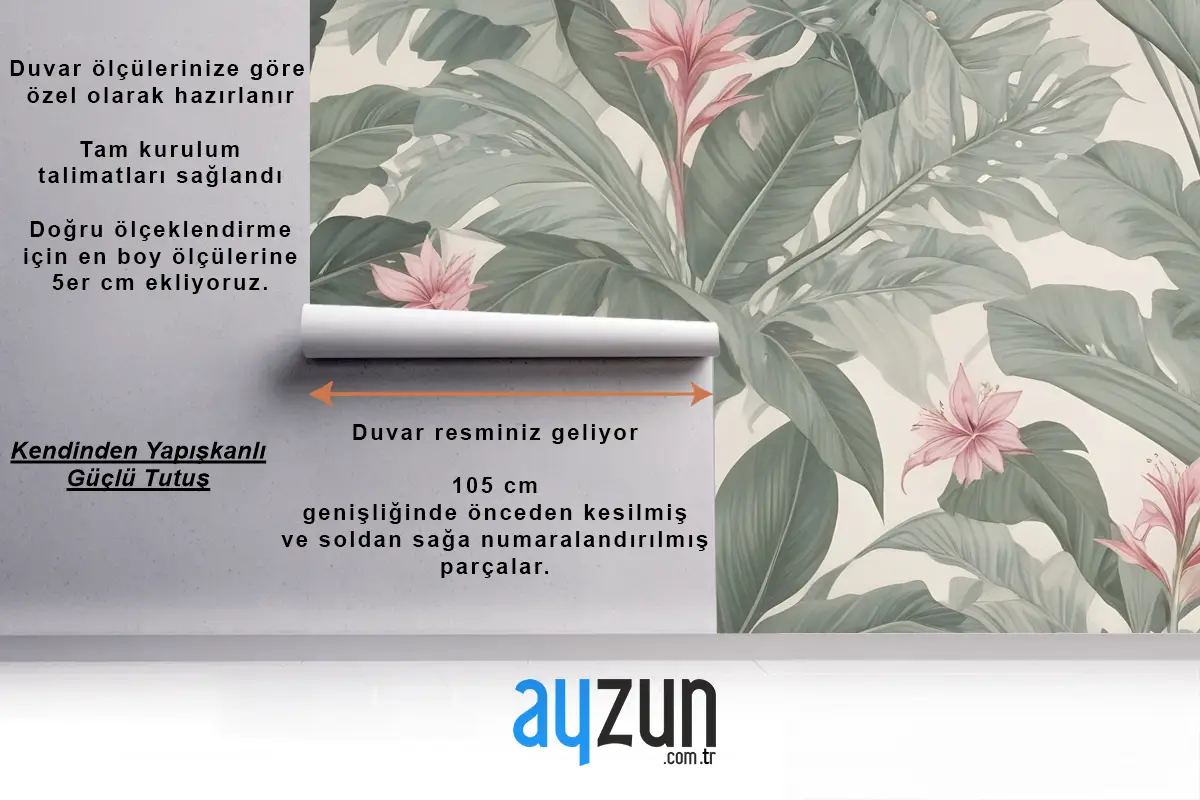 Açık Renkli Büyük Yeşil Yapraklar Pembe Çiçekler Tropikal Yaprak Desenli Oturma Odası Salon Duvar Kağıdı