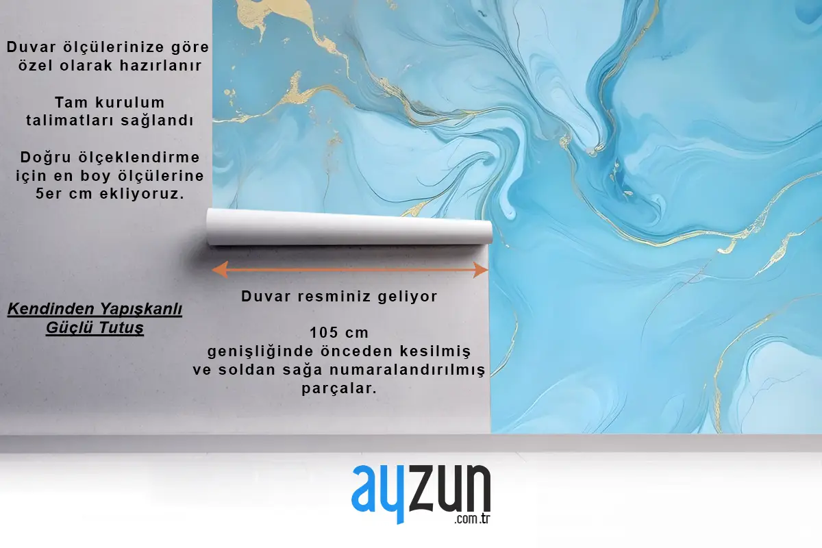 Altın Görünümlü Açık Mavi Mermer Splash Duvar Kağıdı