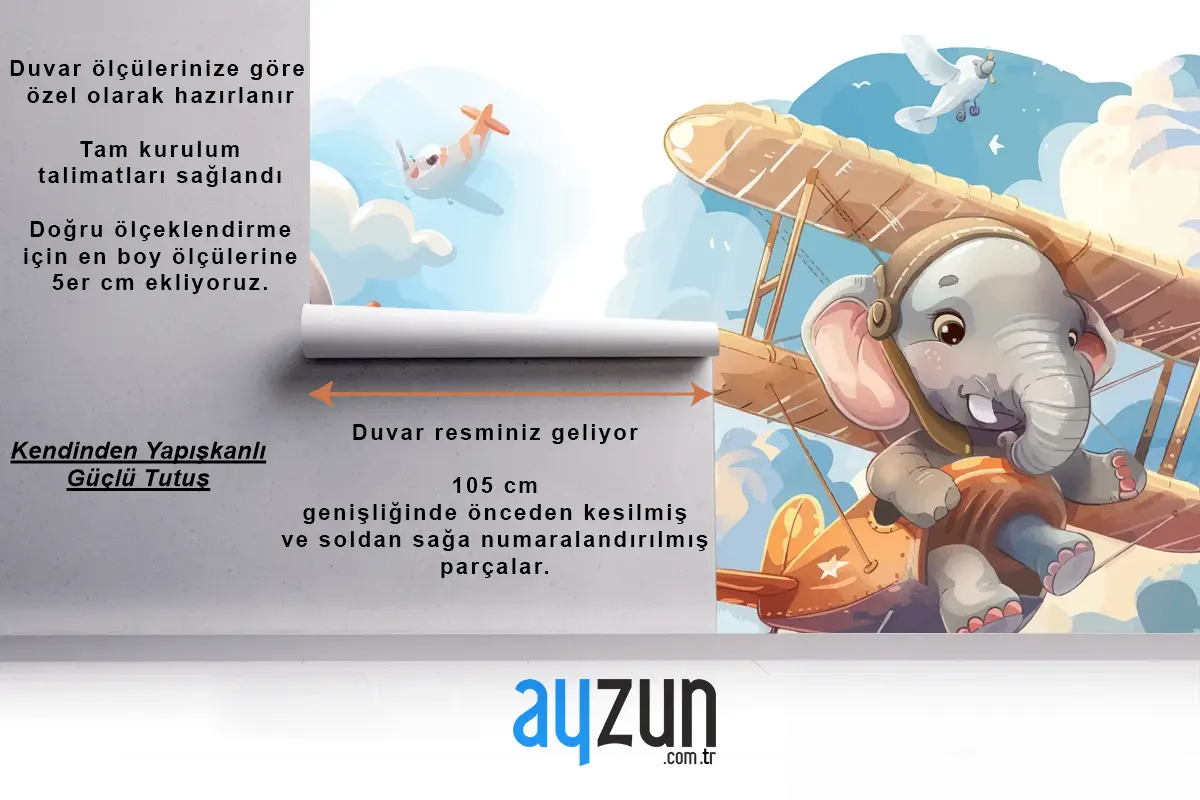 Uçaktaki Küçük Fil Çocuk Odası Duvar Kağıdı 
