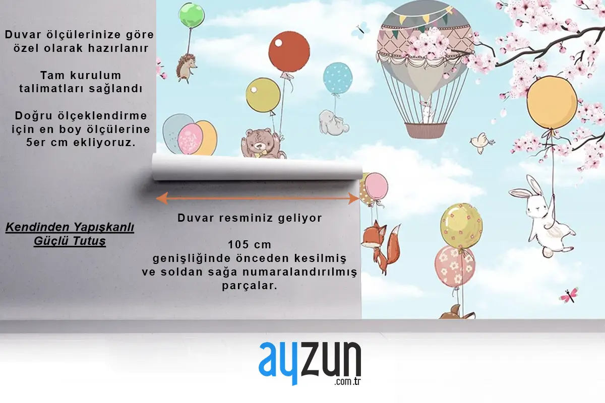 Mavi Gökyüzünde Balonlara Asılan Sevimli Hayvanlar Çocuk Odası Duvar Kağıdı