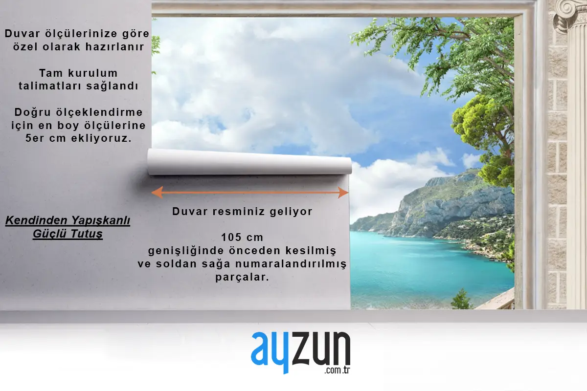 Mermer Sütunlu Deniz Manzaralı 3D Duvar Kağıdı