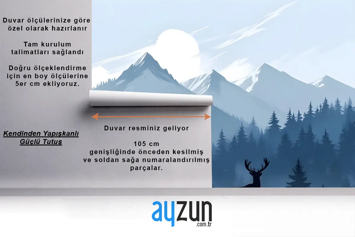 Çocuklar Için Boynuzlu Geyik Silueti Ile Tek Renkli Koyu Mavi Karlı Orman Çocuk Odası Duvar Kağıdı