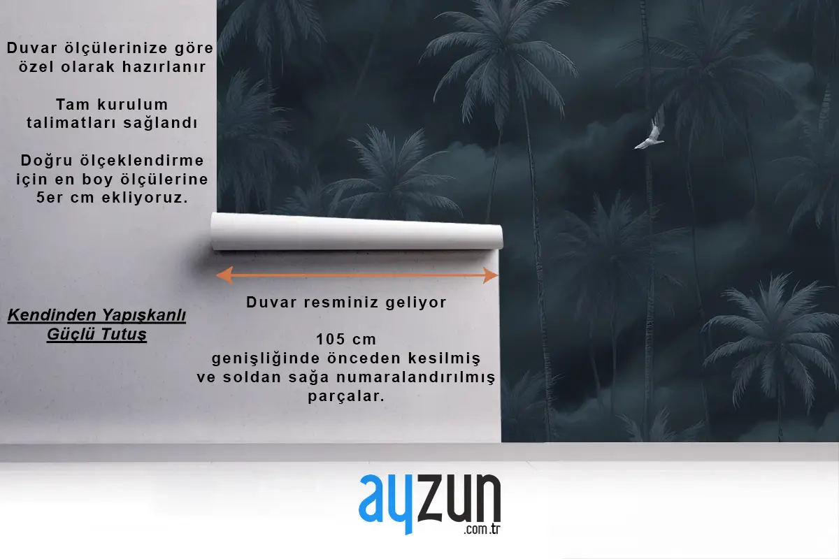 Moody Fırtınalı Gökyüzü Karanlık Tropikal Palmiye Ağaçları Siluetleri Kuşlar Oturma Odası Salon Duvar Kağıdı
