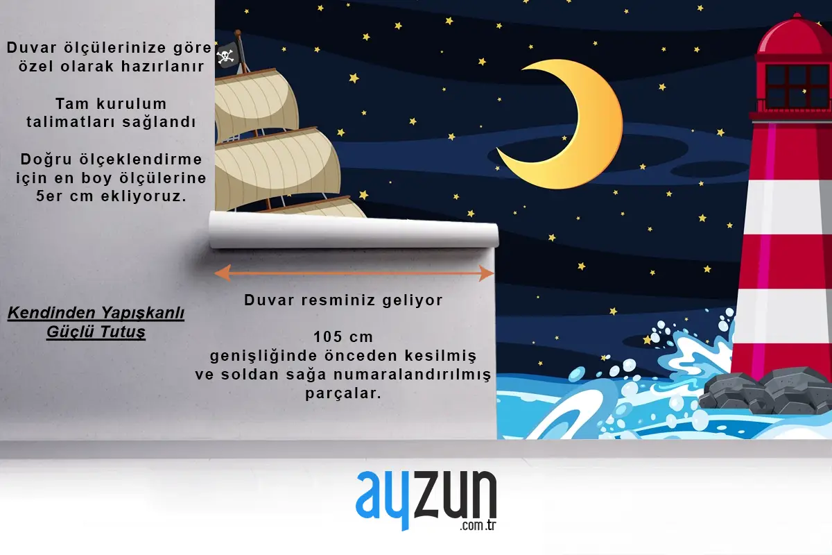 Karikatür Tarzında Korsan Gemisi Ile Gece Okyanus Sahnesi Çocuk Odası Duvar Kağıdı