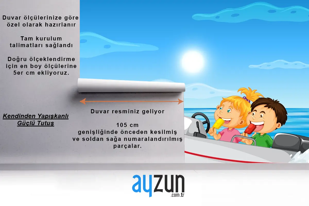 Motorlu Teknede Çocuklu Okyanus Manzarası Çocuk Odası Duvar Kağıdı