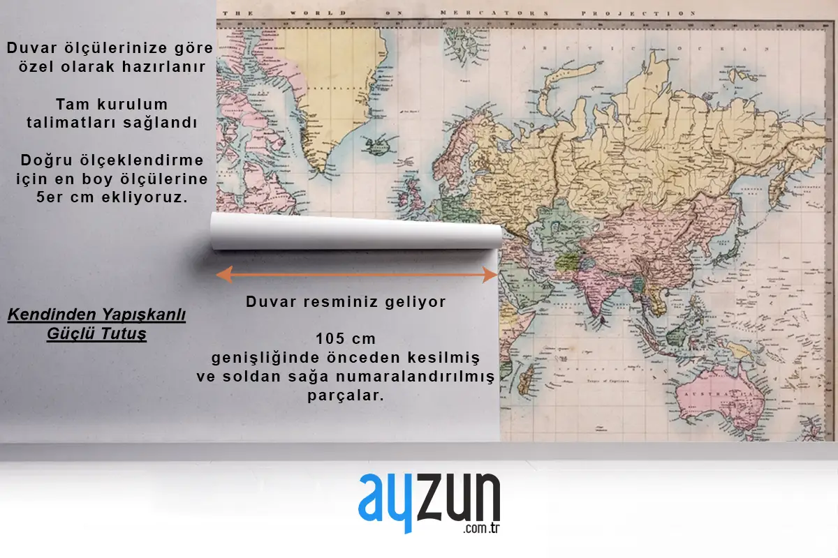 Orijinal Eski El Renkli Dünya Haritası Duvar Kağıdı