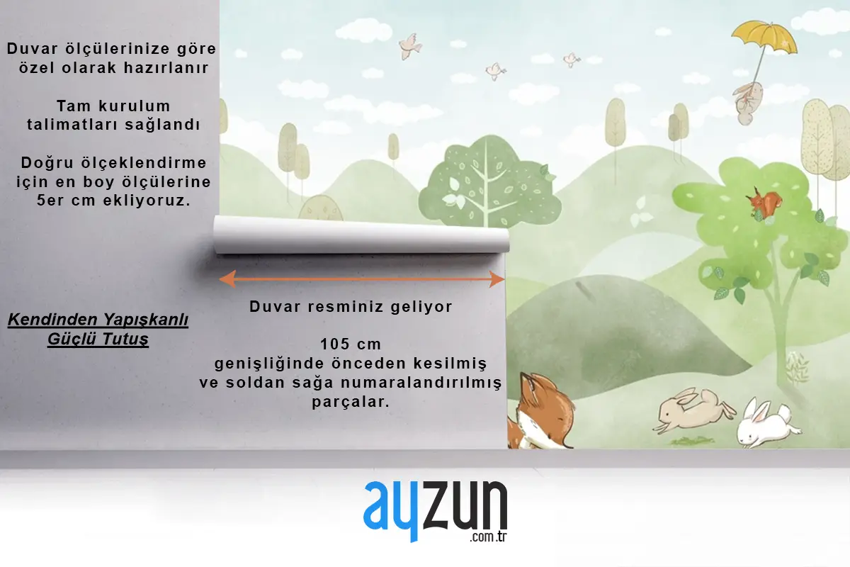 Orman Hayvanları Yeşil Orman Geyik Tilki Tavşan Bebek Odası Duvar Kağıdı