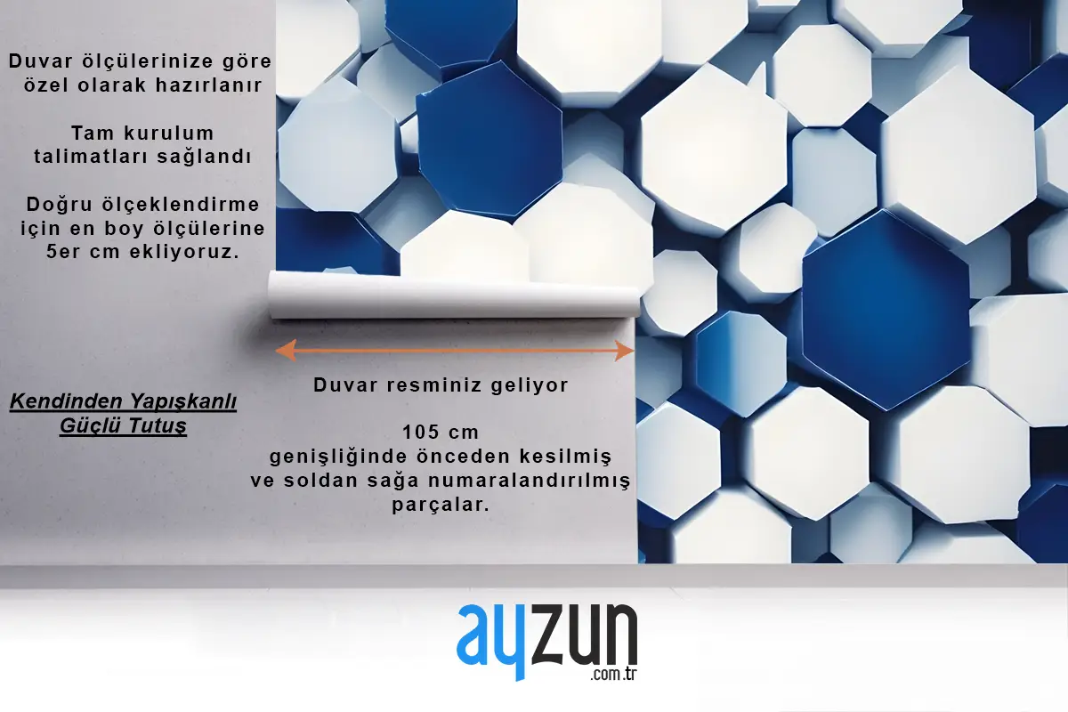 Mavi Ve Beyaz Tonlarında Üst Üste Gelen Altıgen Banyo Duvar Kağıdı
