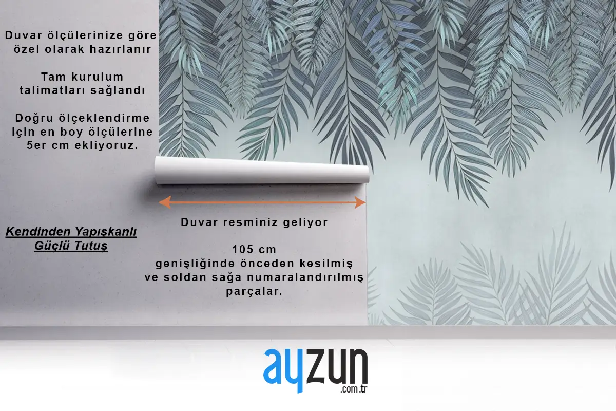 Palmiye Yaprakları Soluk Mavi Çiçekler Yatak Odası Duvar Kağıdı