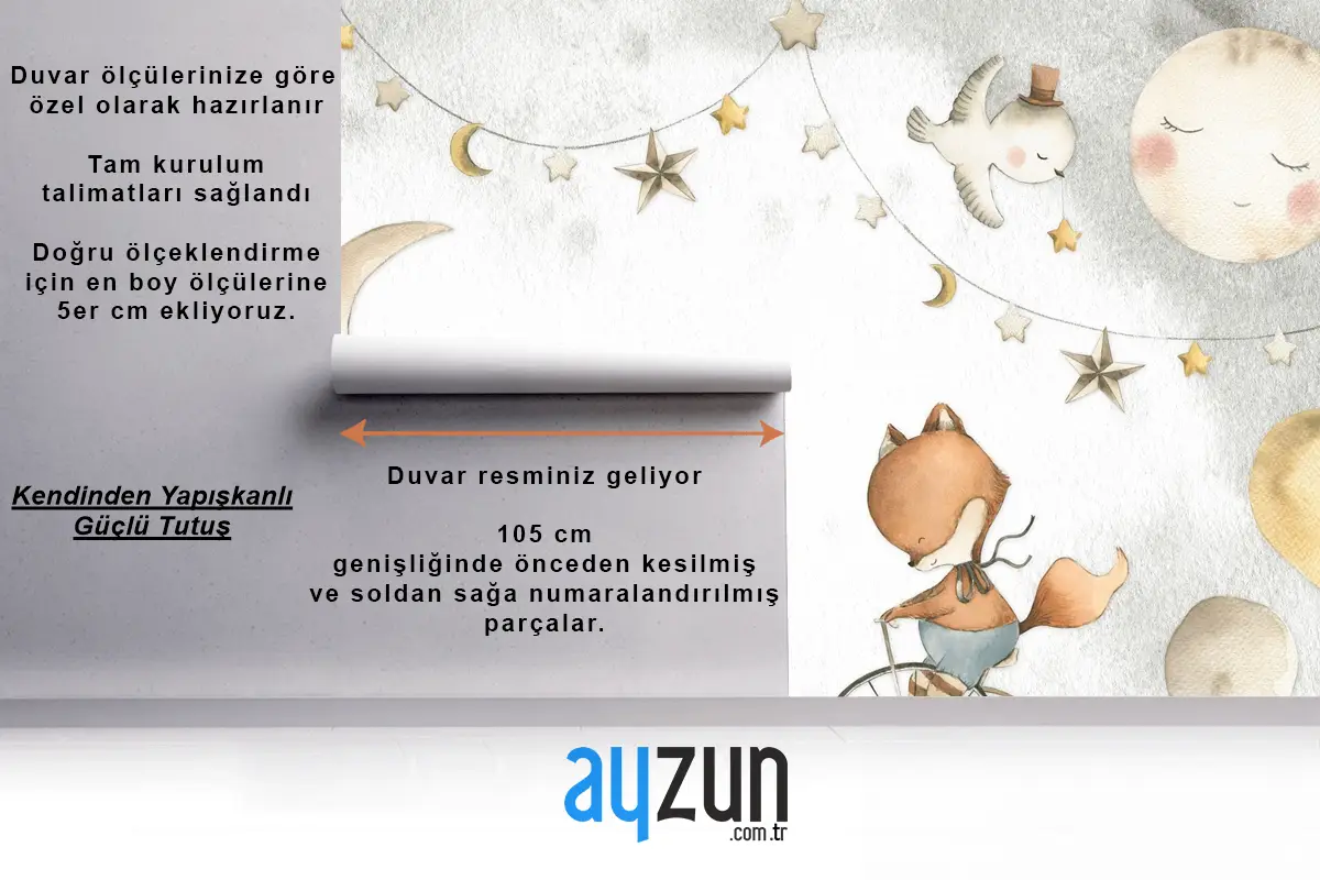 Pastel Ay, Fil ve Tilki Oyun Sahnesi Çocuk Odası Duvar Kağıdı