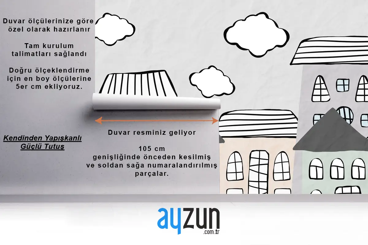 Pastel Bulutlar ve Şehir Evleri Çocuk Odası Duvar Kağıdı