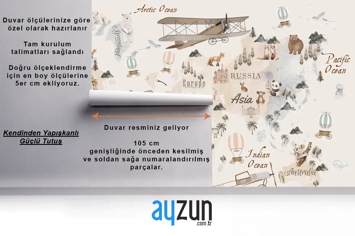 Pastel Dünya Haritası Eğitici ve Eğlenceli Çocuk Odası Duvar Kağıdı