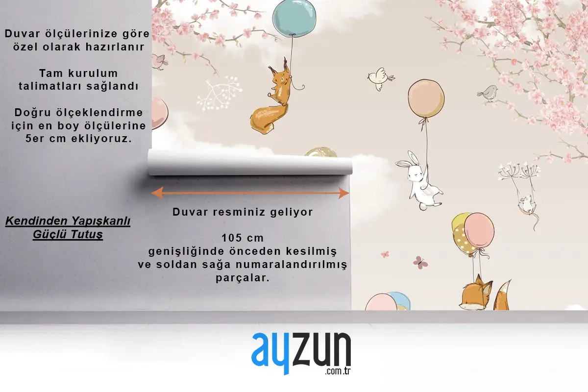 Pastel Sıcak Hava Balonları ve Orman Hayvanları Çocuk Odası Duvar Kağıdı