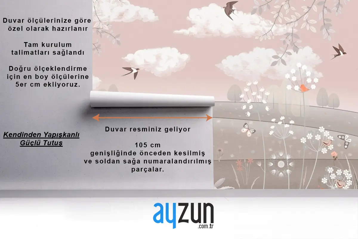 Pembe Manzara Geyik Tavşan Kuşlar Çocuk Odası Duvar Kağıdı