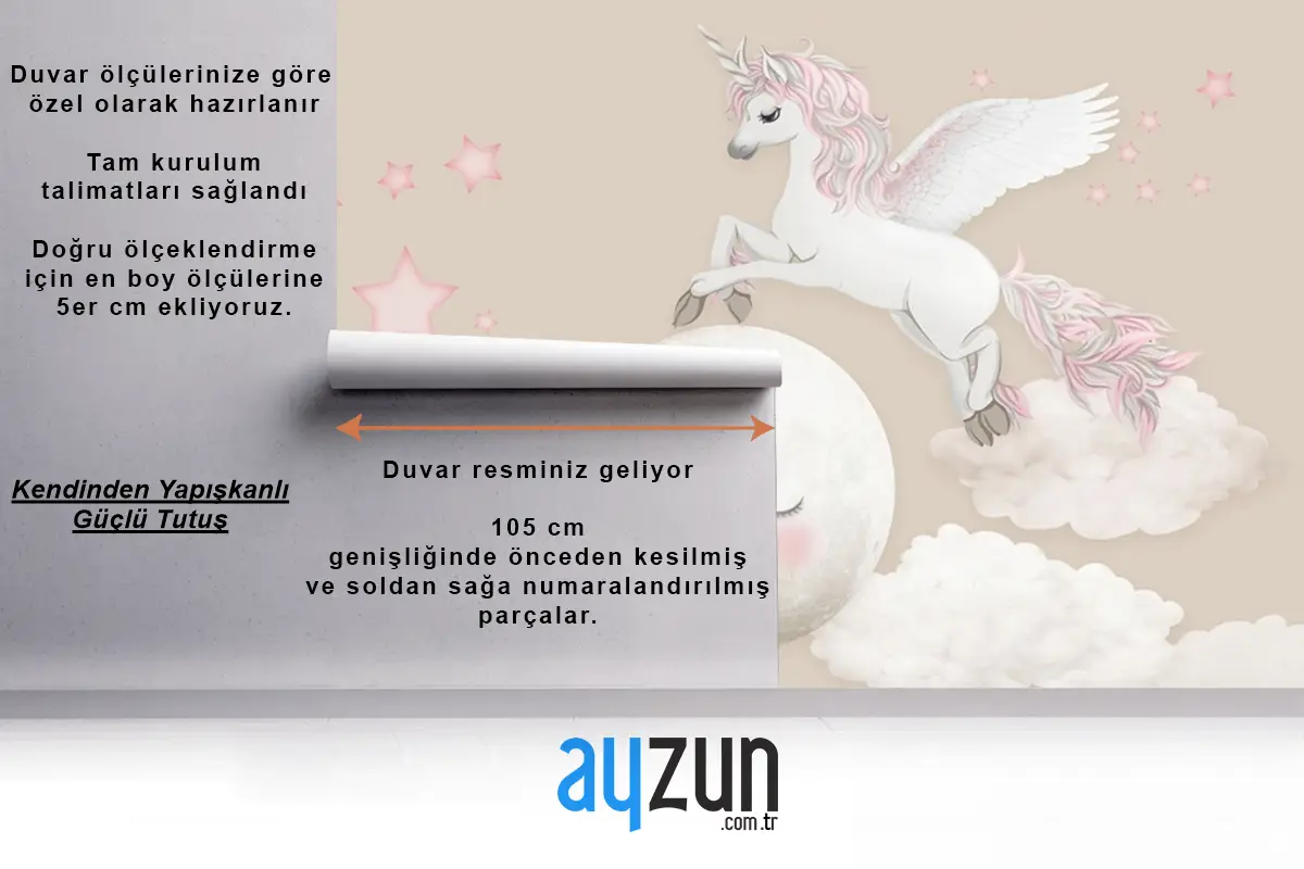 Peri At Ay Ve Bulutlar Çocuk Odası Duvar Kağıdı