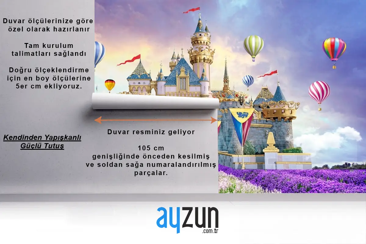 Peri Kalesi Manzara Çiçekler Sıcak Hava Balonları Çocuk Odası Duvar Kağıdı