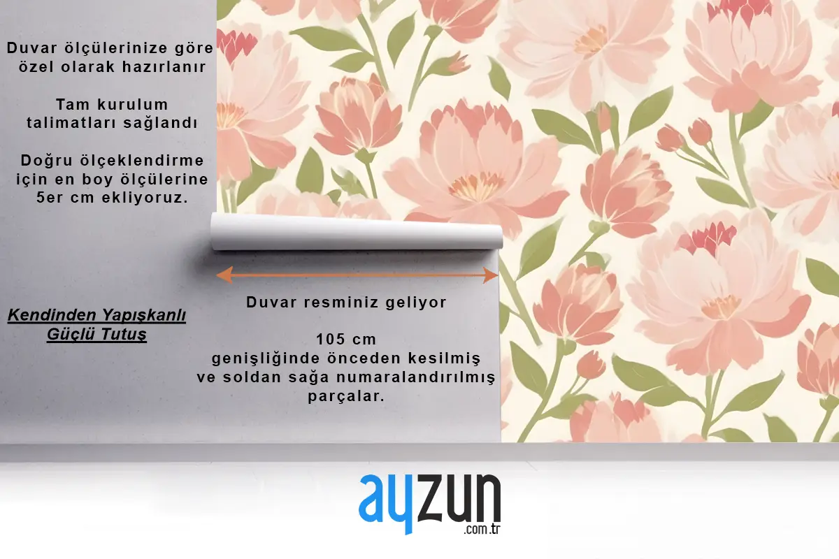 Hafif Antre  Hol  Koridor Duvar Kağıdı Duvarında Yeşil Yapraklı Pembe Ve Şeftali Çiçekleri