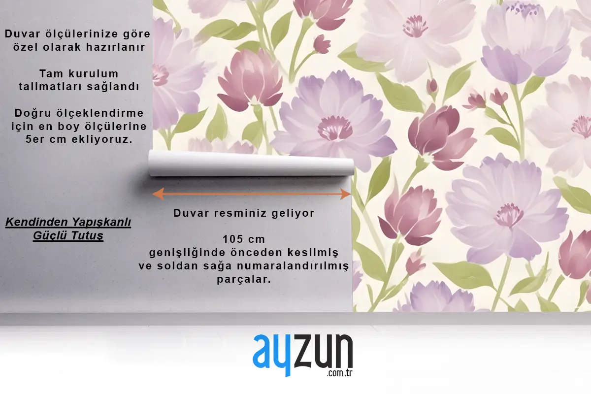 Hafif Antre  Hol  Koridor Duvar Kağıdı Duvarında Yeşil Yapraklı Pembe Ve Mor Çiçekler