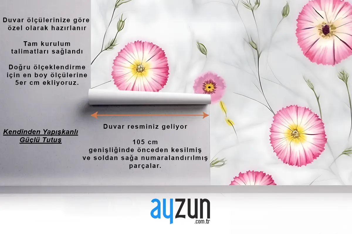 Beyaz Mermer Arka Plan Üzerinde Pembe Kozmos Çiçekleri Dikişsiz Desen Mutfak Duvar Kağıdı