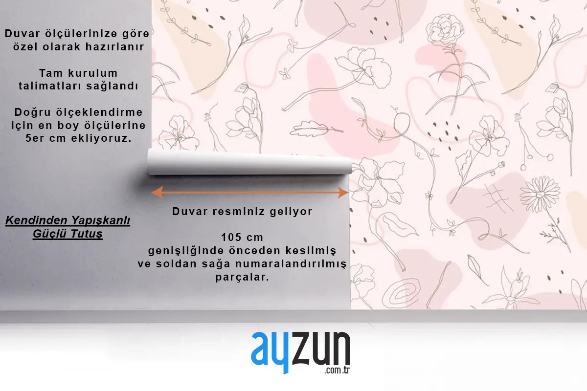 Pembe Çiçek Desenli Duvar Kağıdı Elle Çizilmiş Stil Duvar Kağıdı