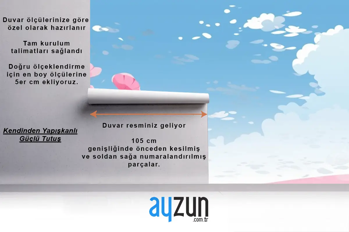 Gökyüzünde Çiçekler Ve Bulutlarla Pembe Kalpler Çocuk Odası Duvar Kağıdı