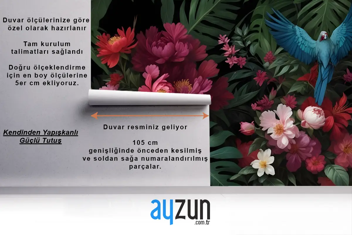 Renkli Çiçekli Mavi Papağan Duvar Kağıdı 