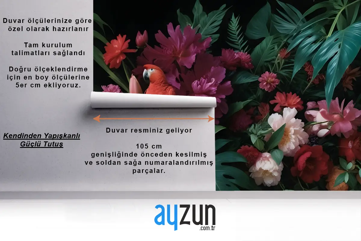 Renkli Çiçekli Kırmızı Papağan Duvar Kağıdı 