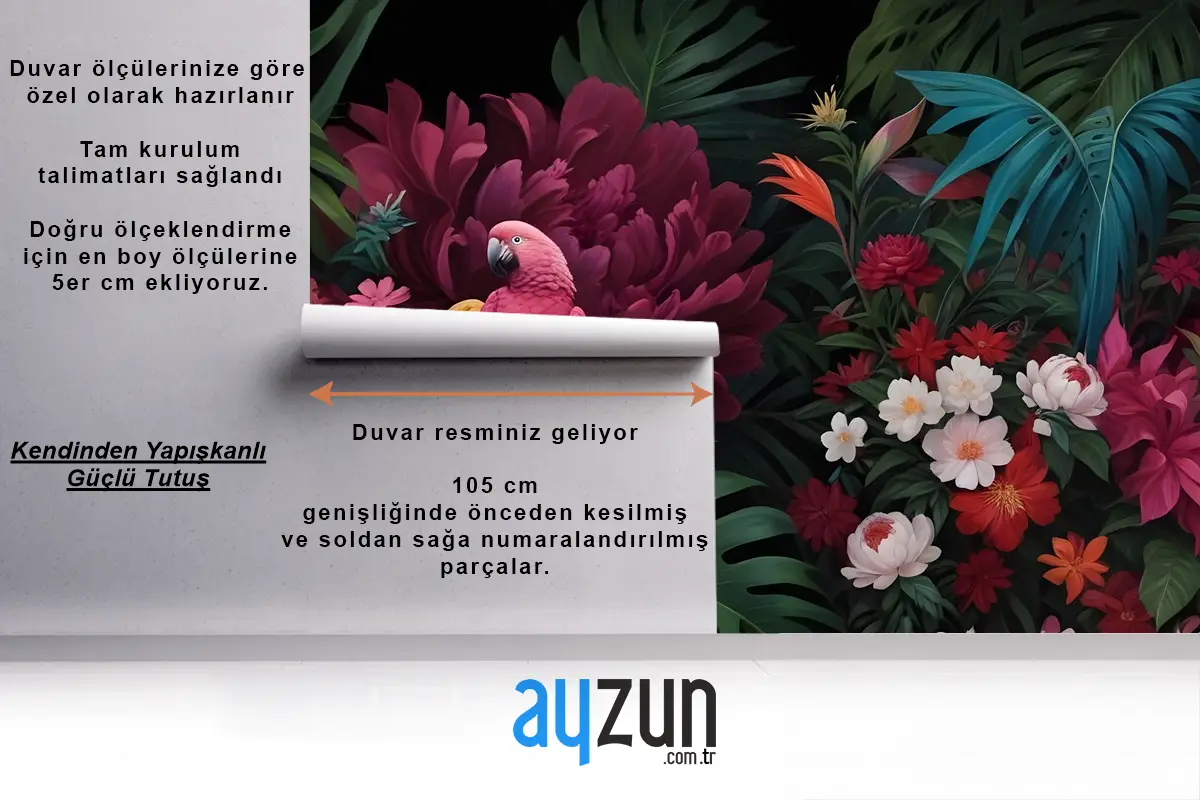 Renkli Çiçekli Pembe Papağan Duvar Kağıdı 