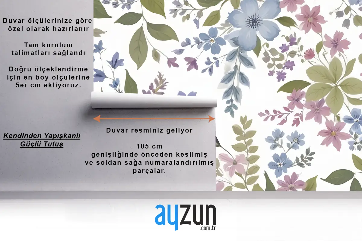 Mor Ve Mavi Suluboya Çiçek Antre  Hol  Koridor Duvar Kağıdı