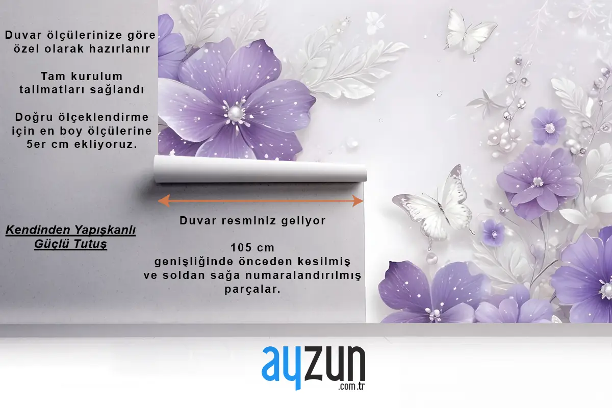 Küçük Kelebekli Mor Swarovski Çiçek Duvar Kağıdı