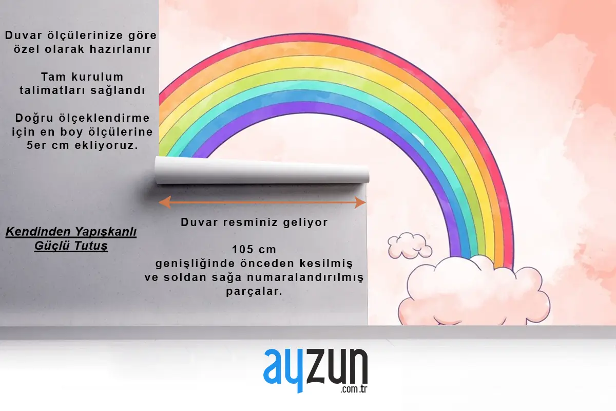 Gökkuşağı Bulutlu Suluboya Tarzı Çocuk Odası Duvar Kağıdı