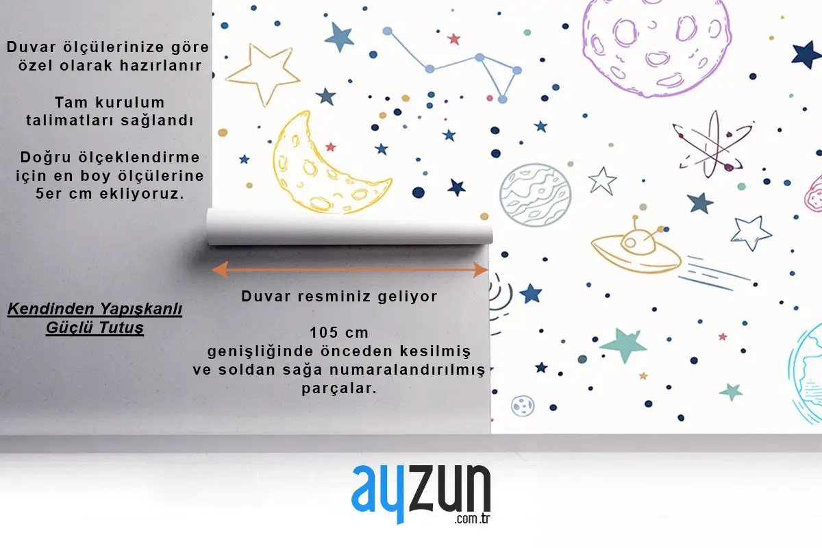 Renkli Gezegenler Uzay Temalı Çocuk Odası Duvar Kağıdı