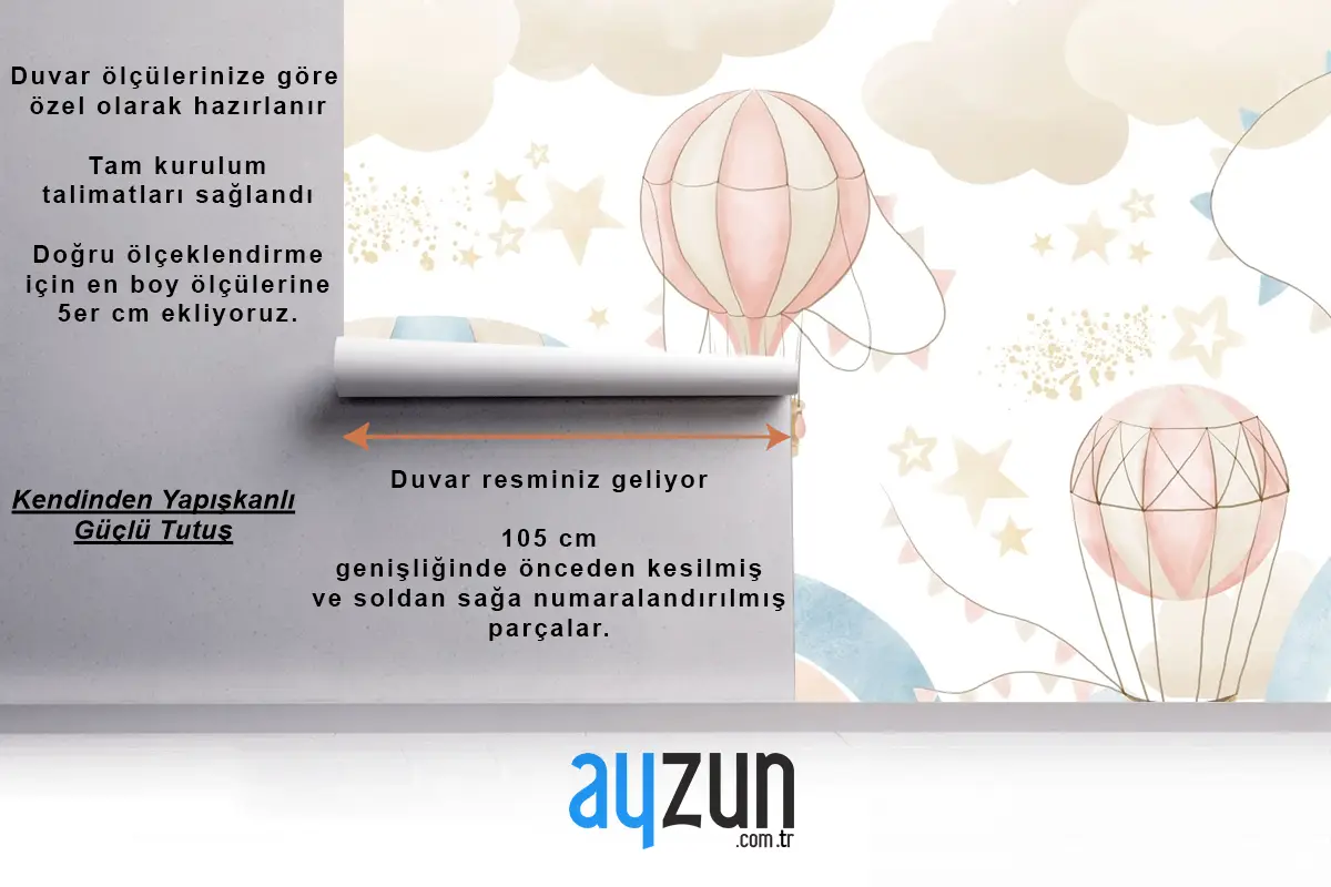 Renkli Gökyüzü ve Sıcak Hava Balonları Temalı Çocuk Odası Duvar Kağıdı