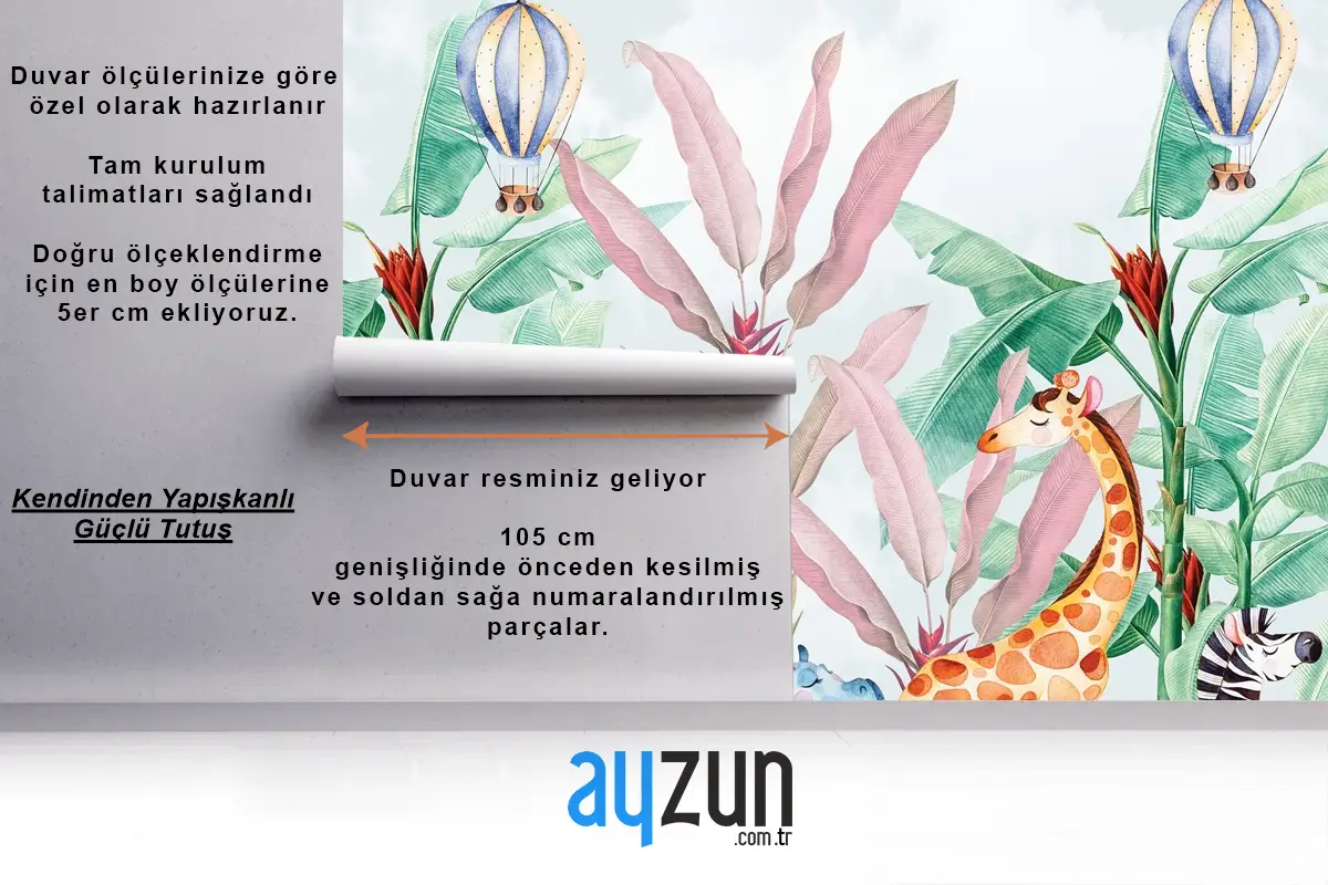 Renkli Hayvanlar ve Balonlu Macera Çocuk Odası Duvar Kağıdı