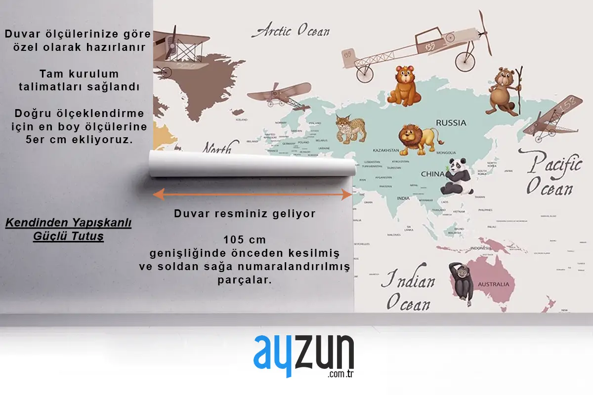 Renkli Kıtalar Öğretici Çocuk Odası Duvar Kağıdı