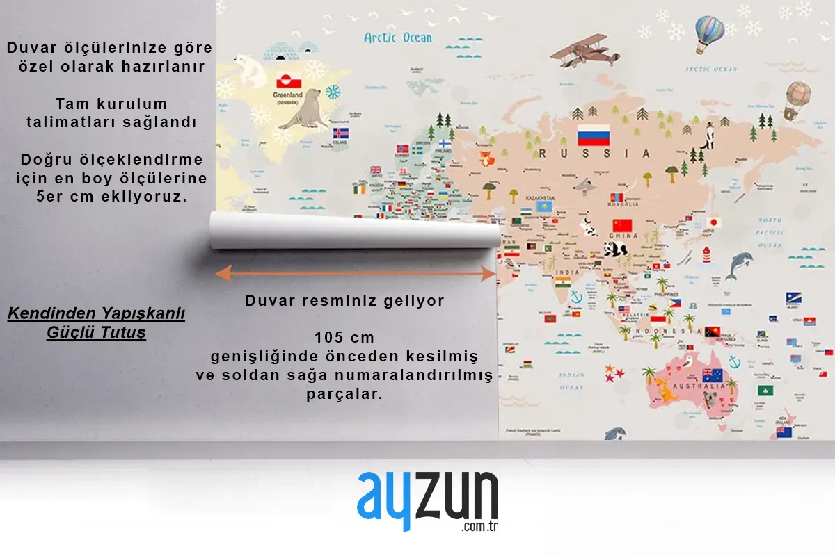 Renkli Kıtalar Ülke Isimleri Yazılı Çocuk Odası Dünya Haritası Çocuk Odası Duvar Kağıdı