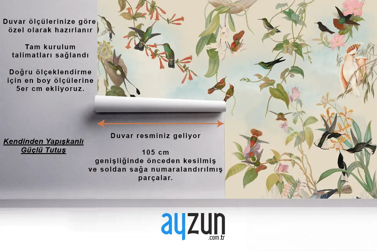 Renkli Kuşlar ve Çiçekli Tropikal Doğa Çocuk Odası Duvar Kağıdı